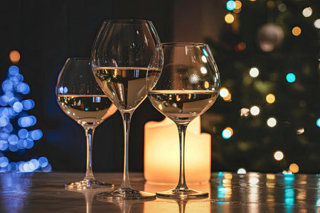Three elegant wine glasses, two filled with white wine, are placed on a table in front of a beautifully decorated Christmas tree with twinkling lights and a lit candle.の写真素材