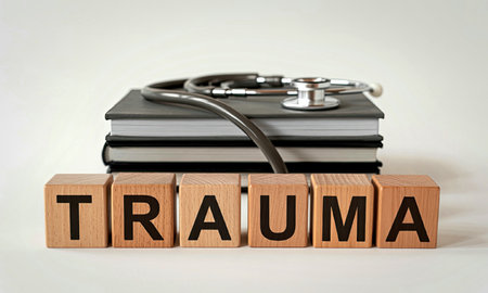 An image featuring a stack of medical books with a stethoscope draped over them, placed on wooden blocks spelling out the word 'TRAUMA'.の写真素材