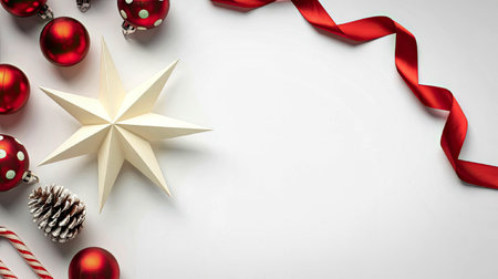 A minimalist Christmas decoration setup featuring a white star, red baubles, and a red ribbon...