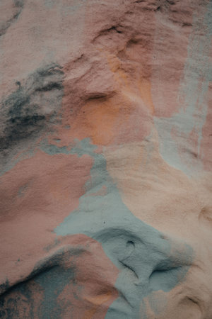 A close-up view of a sandy surface displaying a mix of pastel colors including pink, blue, and yellow, with natural texture and patterns.の写真素材