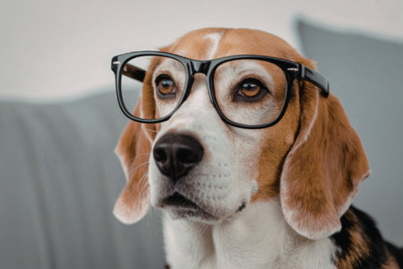 A beagle dog with brown and white fur is wearing black eyeglasses, giving a thoughtful look. The dog is indoors with a blurred background.の写真素材