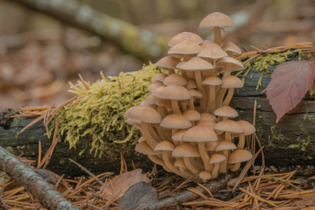 A group of light brown mushrooms with rounded caps growing in a cluster on a decaying log, surrounded by moss, leaves, and pine needles.の写真素材