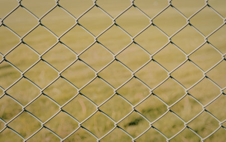 A close-up view of a chain link fence with a blurred green grass field behind it, creating a sense of depth and separation.の写真素材