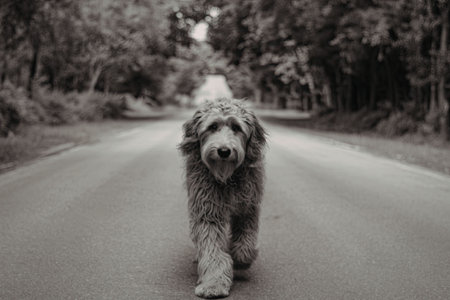 A black and white photograph of a dog walking towards the camera on a road lined with trees on both sides, creating a peaceful atmosphere.の写真素材