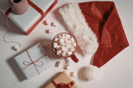 A festive Christmas scene featuring gift boxes, a red Santa hat, and a mug of hot chocolate with marshmallows on a white background.の写真素材