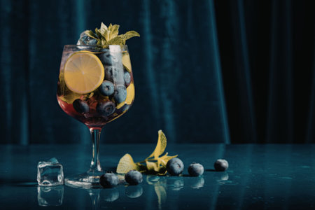 A refreshing cocktail made with blueberries, mint, and lime, served in a glass with ice.の写真素材