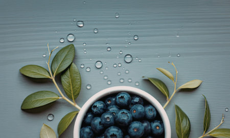 A bowl filled with fresh blueberries surrounded by green leaves on a gray wooden surface with water droplets.の写真素材