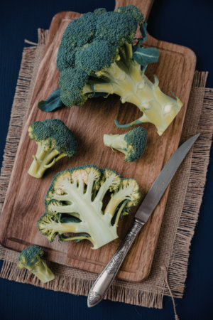 A wooden cutting board with fresh broccoli florets and a knife on a blue background.の写真素材