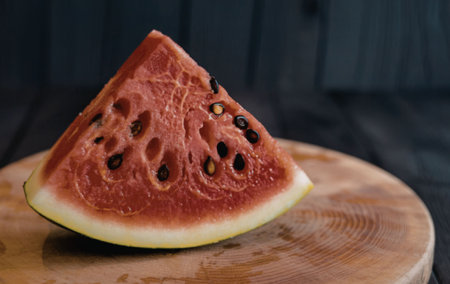 A juicy slice of watermelon with black seeds on a wooden cutting board against a dark background.の写真素材