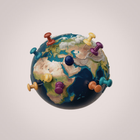A 3D rendering of the Earth with multiple colorful pins marking various locations across its surface, primarily focusing on Africa, Europe, and parts of Asia.の写真素材