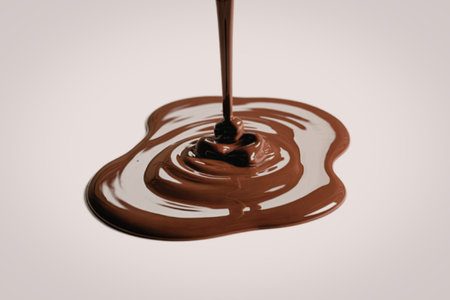 A stream of melted chocolate sauce is being poured onto a white surface, creating a smooth and glossy puddle.の写真素材