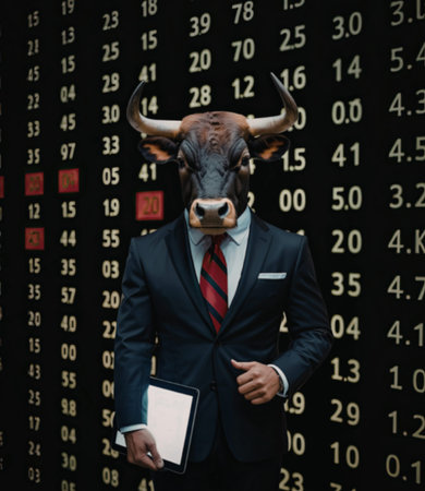 A businessman with a bull's head holding a tablet, symbolizing a strong and thriving financial market.の写真素材