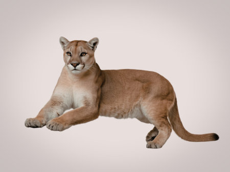 A large mountain lion is lying down, looking directly at the camera with an alert expression. The image is set against a plain white background.の写真素材