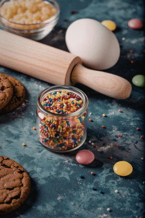 A collection of baking essentials including a rolling pin, eggs, cookies, and a jar of colorful sprinkles on a blue textured background.の写真素材