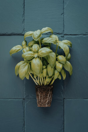 A healthy basil plant with lush green leaves and visible roots, displayed against a gray tiled background.の写真素材