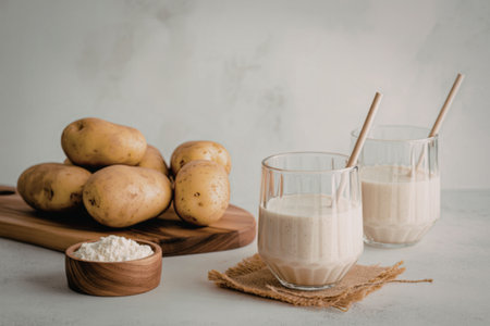 A healthy beverage setup featuring potato milk in glasses with straws, accompanied by a bowl of potato powder and fresh potatoes on a wooden board.の写真素材