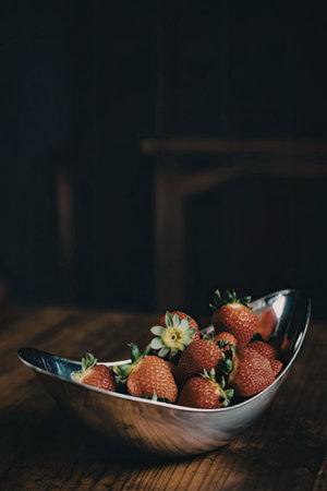 A bowl of fresh strawberries placed on a wooden table, captured in a moody and dimly lit setting.の写真素材