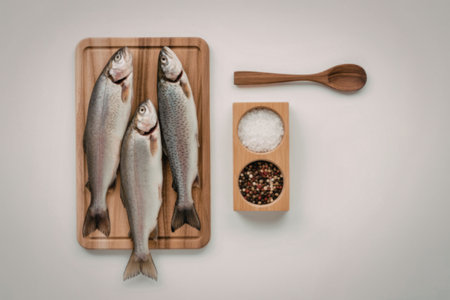 Three fresh trout fish placed on a wooden cutting board, accompanied by a small wooden bowl containing salt and pepper, and a wooden spoon on a white background.の写真素材