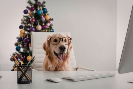 A golden retriever dog wearing glasses sits at a desk with a computer, keyboard, and mouse, with a Christmas tree decorated with colorful ornaments in the background.の写真素材
