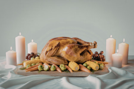 A beautifully presented roasted turkey surrounded by carrots, corn, brussels sprouts, and grapes, accompanied by lit candles on a wooden serving board.の写真素材