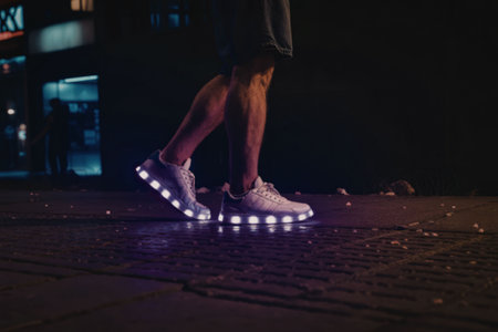 A man wearing white sneakers with glowing purple soles walks on a cobblestone street at night, illuminated by the lights on his shoes.の写真素材