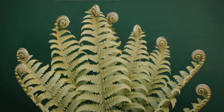 A vibrant display of green fern leaves with tightly coiled fiddleheads against a dark green background, showcasing the beauty of nature's foliage.の写真素材
