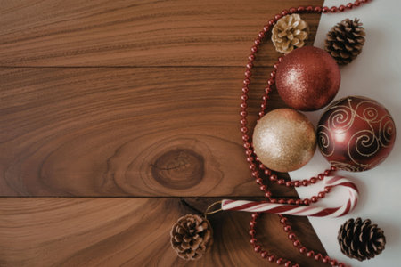 A festive arrangement of Christmas decorations featuring red and gold ornaments, candy canes, and pinecones on a wooden background.の写真素材