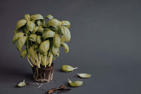 A healthy basil plant with visible roots and lush green leaves, surrounded by fallen leaves on a gray surface.の写真素材