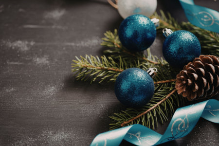 A festive arrangement of blue Christmas ornaments, pine branches, and a pine cone on a dark background, adorned with a blue ribbon.の写真素材