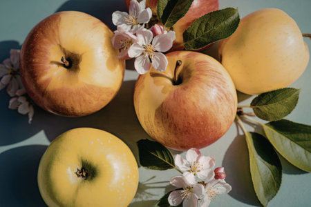 A vibrant arrangement of apples in various colors surrounded by blossoms and leaves on a soft blue surface.の写真素材