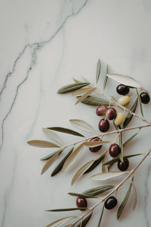 A close-up image of olive branches with ripe and unripe olives on a white marble surface, showcasing the natural beauty of the olives and their leaves.の写真素材