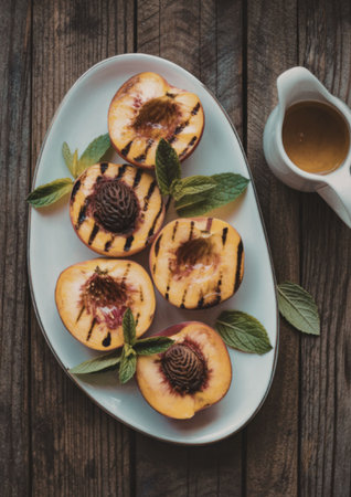 A white oval plate holding five grilled peach halves, garnished with fresh mint leaves, accompanied by a small pitcher of syrup on a dark wooden table.の写真素材