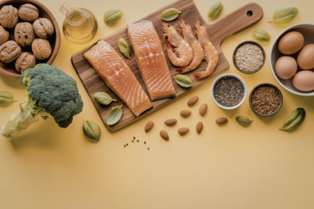 Assortment of healthy food items such as salmon fillets, prawns, broccoli, nuts, seeds, eggs, and olive oil arranged on a yellow surface.の写真素材
