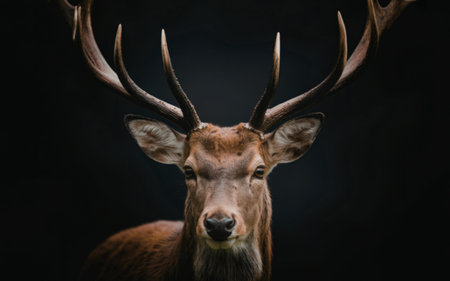 A close-up portrait of a deer with impressive antlers set against a dark, dramatic background, highlighting its majestic presence.の写真素材
