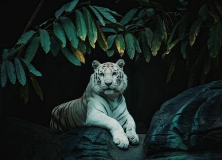 A serene white tiger resting on a rock, surrounded by dense foliage and darkness, showcasing its striking white coat and black stripes.の写真素材