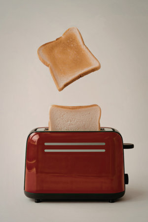 A red toaster with a slice of toast popping out and another slice already ejected into the air.の写真素材