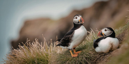 A puffin is standing on a cliff with green and yellow grass, while two other puffins are sitting in the background, all having black and white feathers with orange beaks and feet.の写真素材