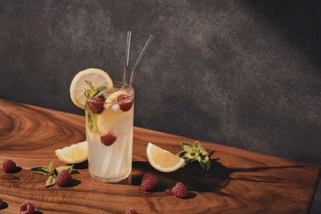 A glass of lemonade infused with raspberries and mint, served on a wooden table with scattered raspberries and lemon slices.の写真素材