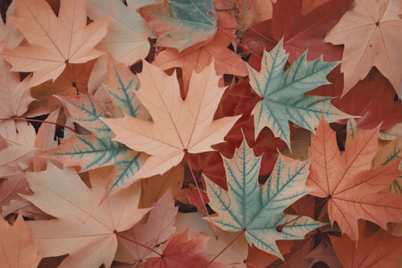 A collection of colorful autumn maple leaves in different shades of orange, red, and hints of green, creating a visually appealing pattern.の写真素材