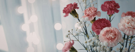A bouquet of pink carnations with baby's breath in a vase, set against a white background with bokeh lights.の写真素材
