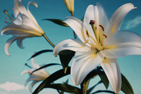 A stunning close-up of white lilies with prominent stamens, set against a vibrant blue sky with a few wispy clouds.の写真素材