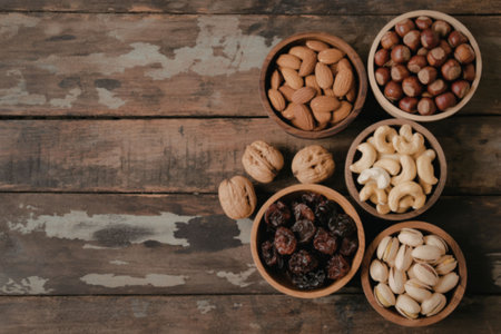 A selection of nuts and dried fruits arranged in wooden bowls on a distressed wooden table, showcasing a variety of textures and colors.の写真素材