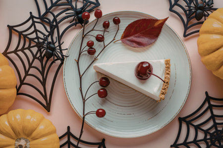 A slice of cheesecake with cranberries and autumn decor on a pink background, surrounded by Halloween-themed elements like pumpkins and spider webs.の写真素材