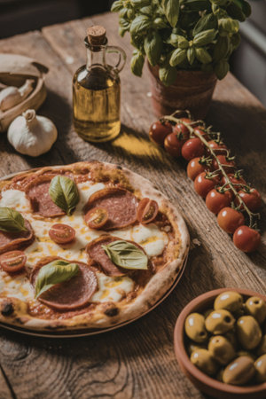 A mouth-watering Italian pizza topped with pepperoni, cherry tomatoes, basil leaves, and mozzarella cheese, served on a rustic wooden table with olive oil, garlic, and other ingredients.の写真素材