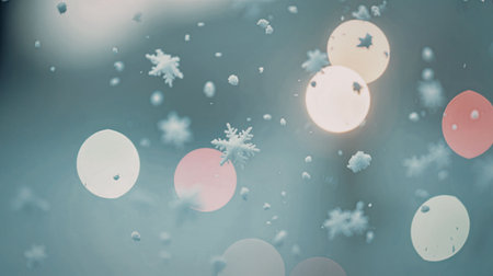 A serene winter scene featuring snowflakes gently falling amidst colorful bokeh lights, creating a magical and festive atmosphere.の写真素材