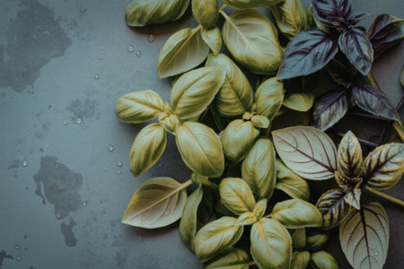 A close-up image of fresh green and purple basil leaves arranged on a gray background with visible water droplets, showcasing the herb's vibrant colors and freshness.の写真素材