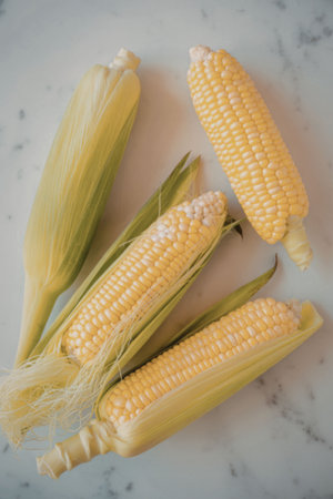 Image of fresh corn on the cob, some with husks partially removed, arranged on a white marble surface.の写真素材