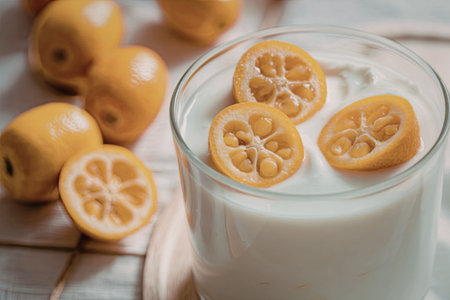 A glass of white yogurt topped with sliced kumquats, surrounded by whole and halved kumquats on a wooden surface.の写真素材
