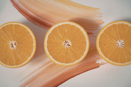 Three orange slices arranged on a white surface with vibrant orange and yellow brush strokes in the background, creating a visually appealing and fresh composition.の写真素材