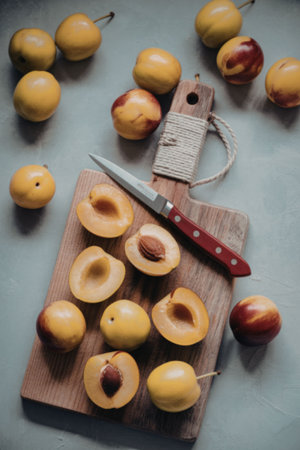 Image showing a wooden cutting board with sliced plums and a knife, surrounded by whole plums on a gray surface.の写真素材